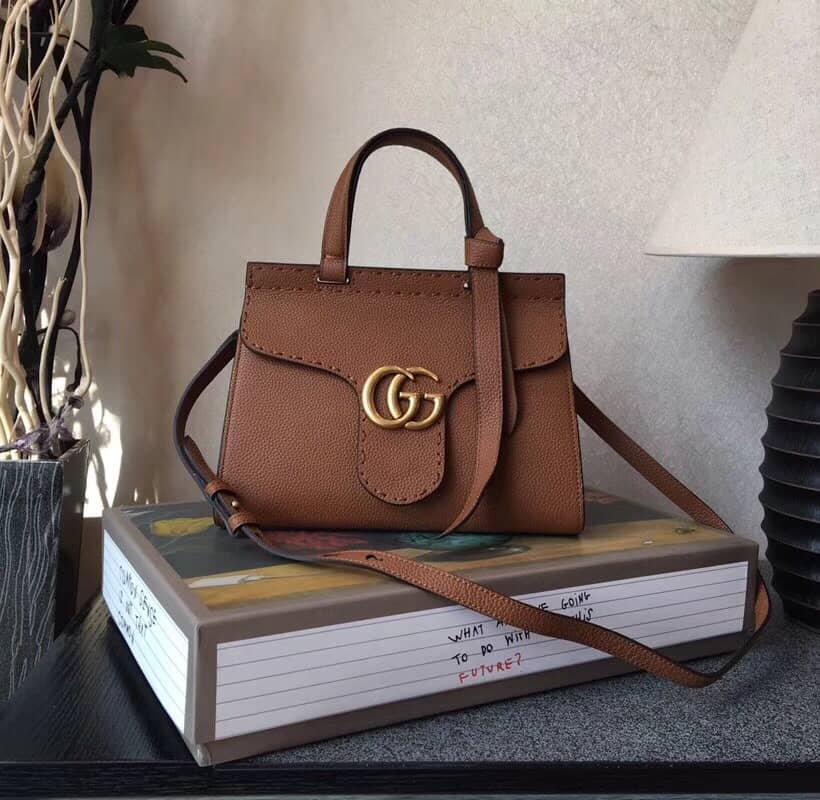 Gucci GG Marmont Leather Top Handle Replica Bag Brown 421890