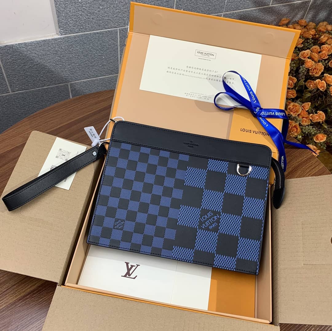 Louis Vuitton Damier Infini 3D Cowhide Leather Standing Pouch Replica Blue N60449