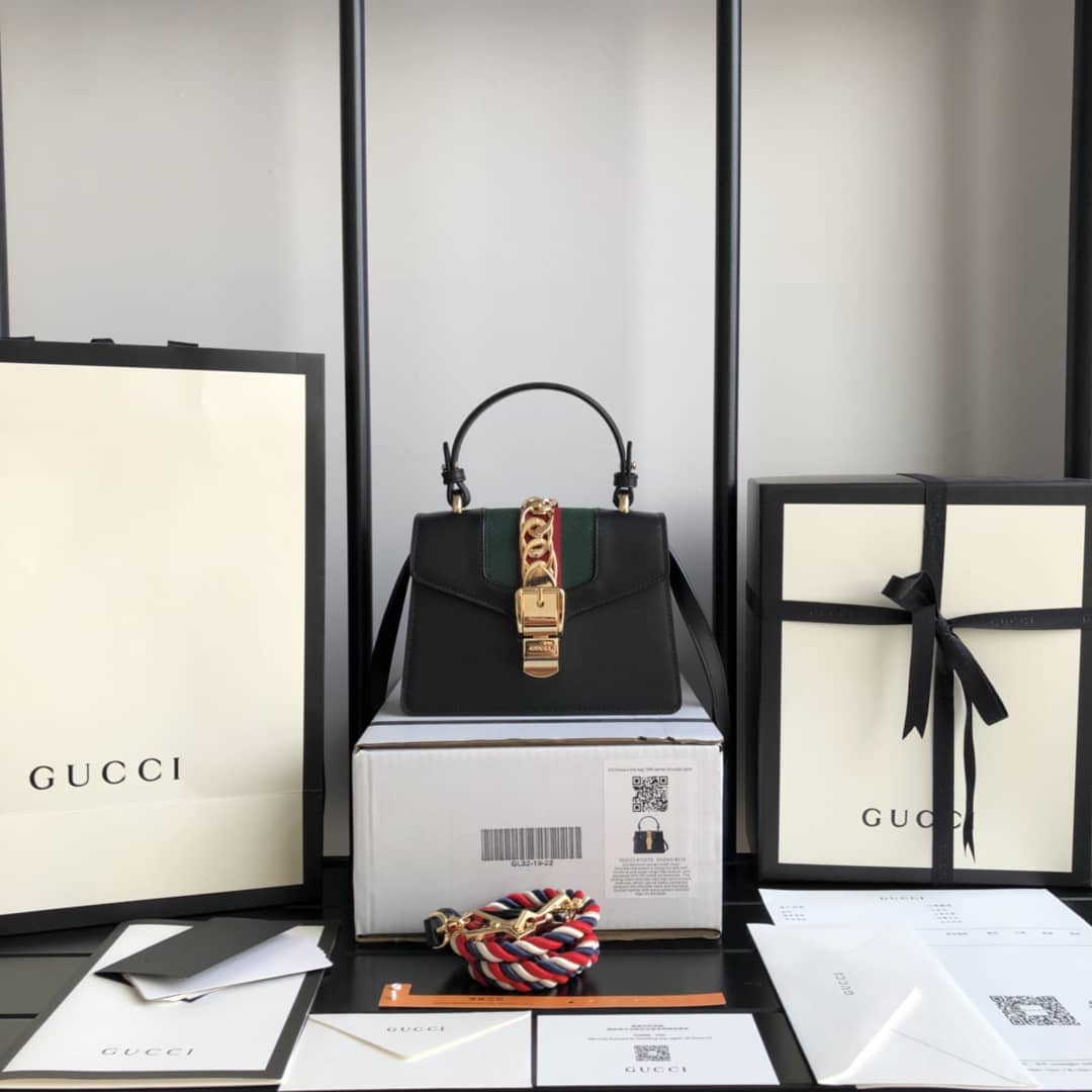 Gucci Sylvie Leather Mini Shoulder Bag Replica White Black 470270