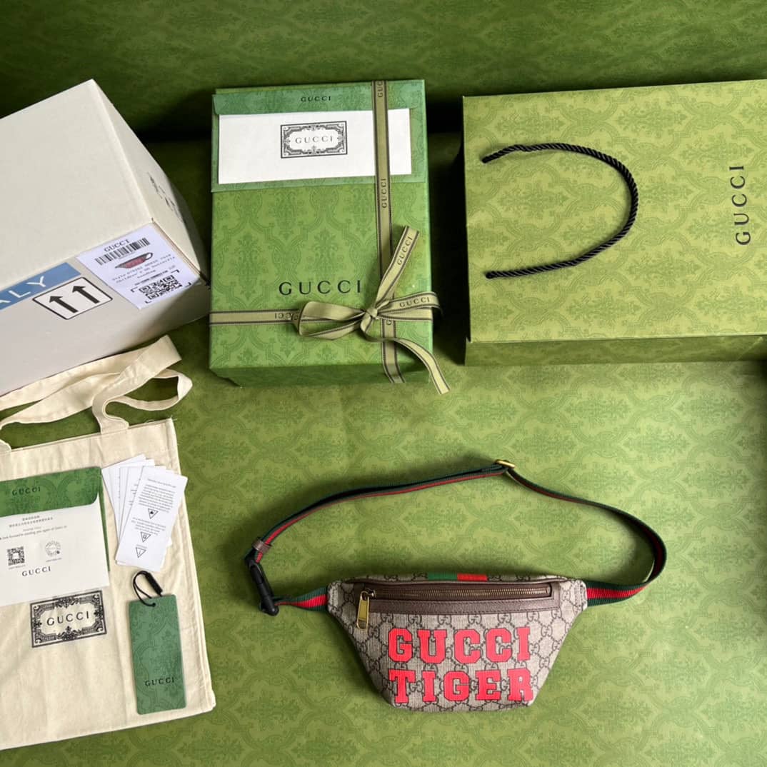 Gucci Supreme Canvas Tiger GG Belt Bag Beige Ebony 675181 Replica