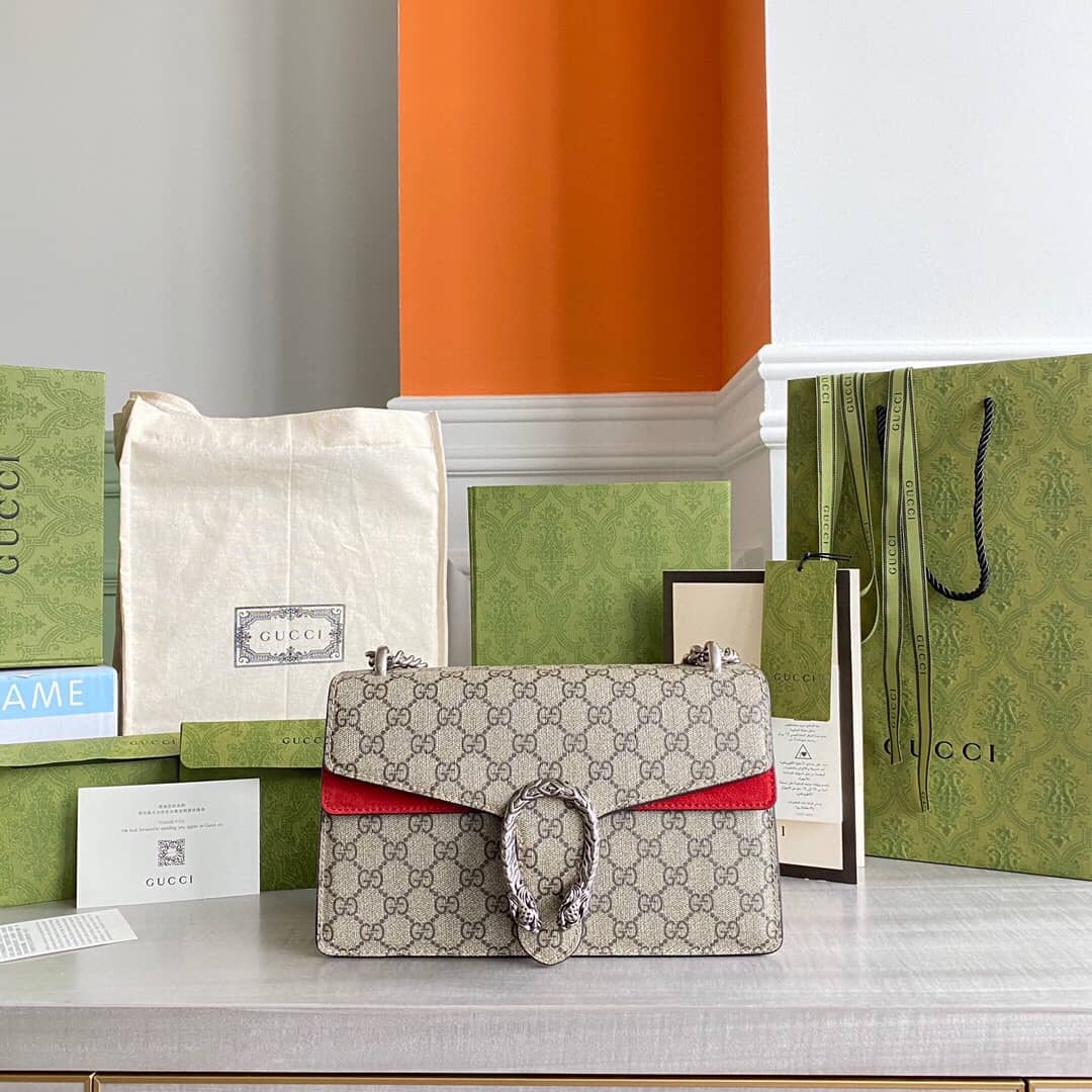 Gucci Dionysus Dupe GG Supreme Dionysus Chain Replica Shoulder Bag Gray Red 400249