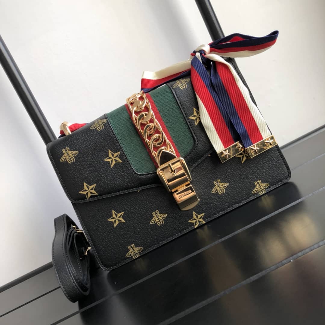 Gucci Sylvie Small Leather Shoulder Bag Replica Black 524405