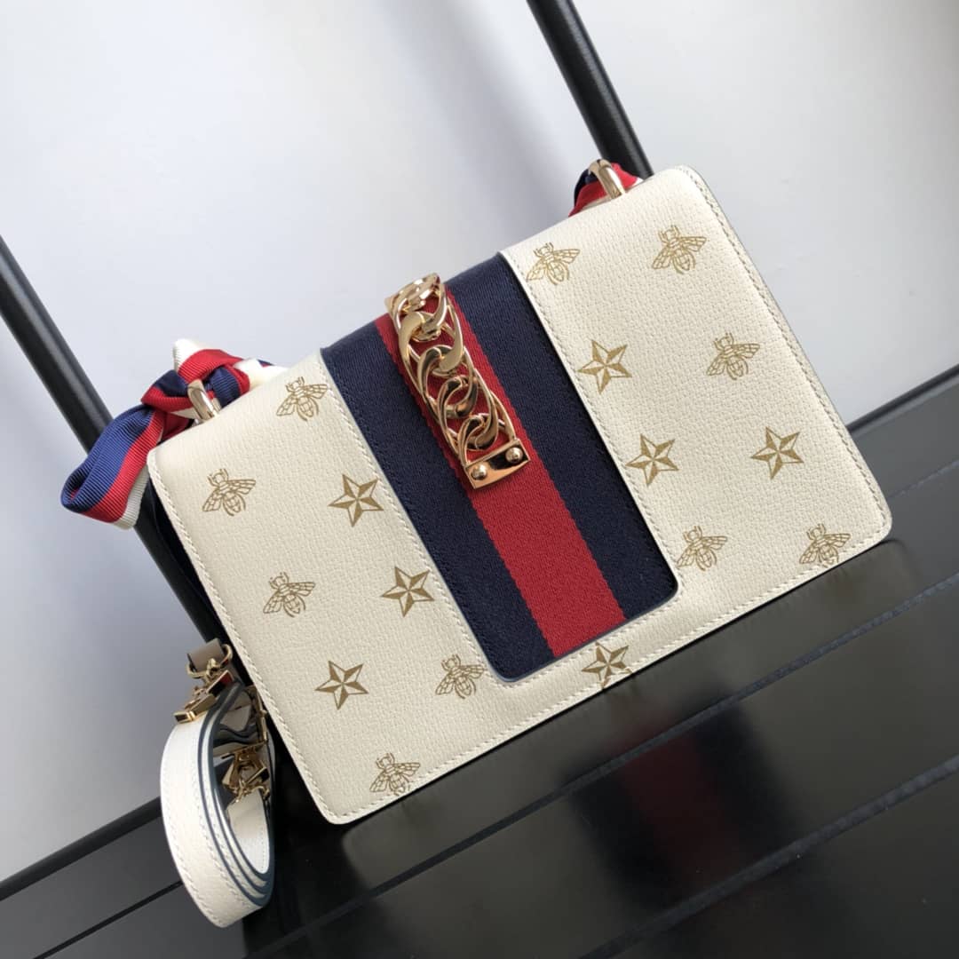 Gucci Sylvie Small Leather Shoulder Bag Replica White 524405