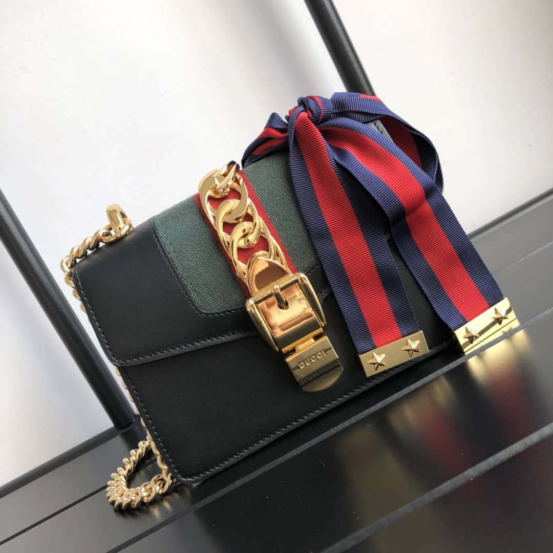 Gucci Sylvie Leather Mini Chain Shoulder Bag Replica Black 431666
