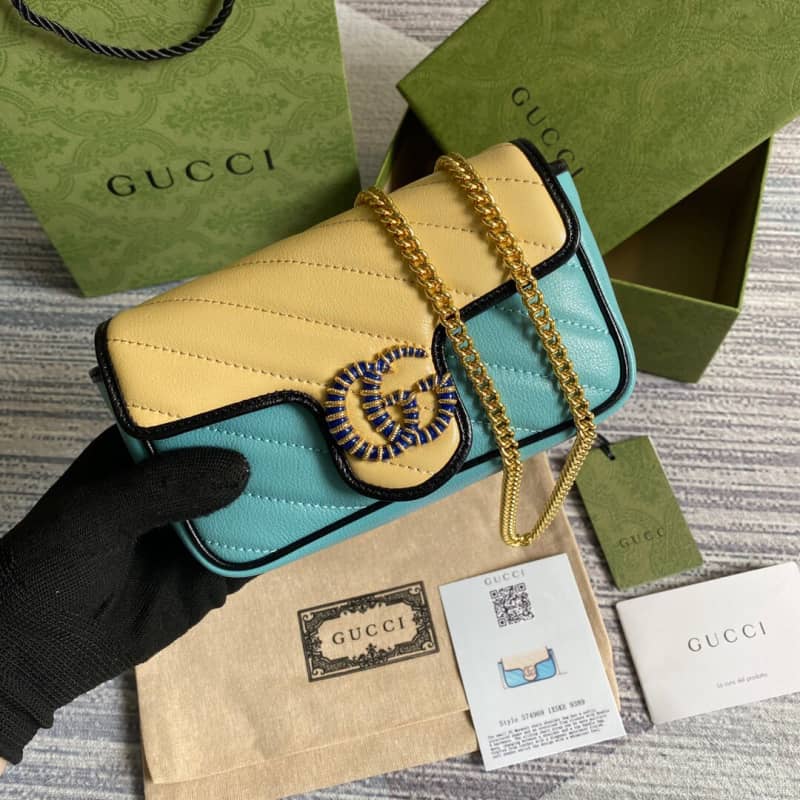 Gucci GG Marmont Mini Matelasse Leather Shoulder Bag Replica Yellow Blue 574969