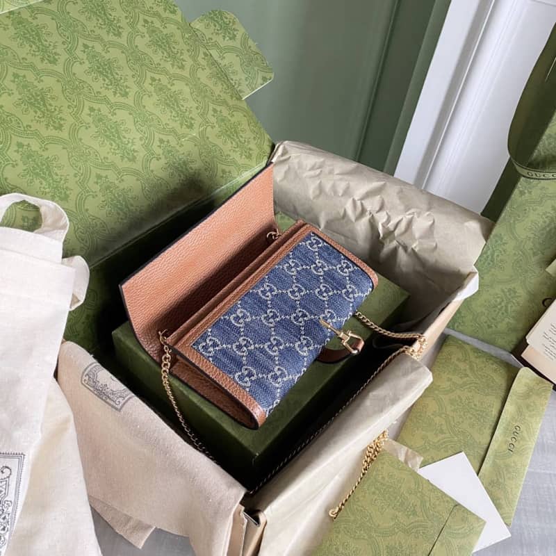 Gucci Jackie 1961 Chain Wallet Organic GG Denim Raplica 652681