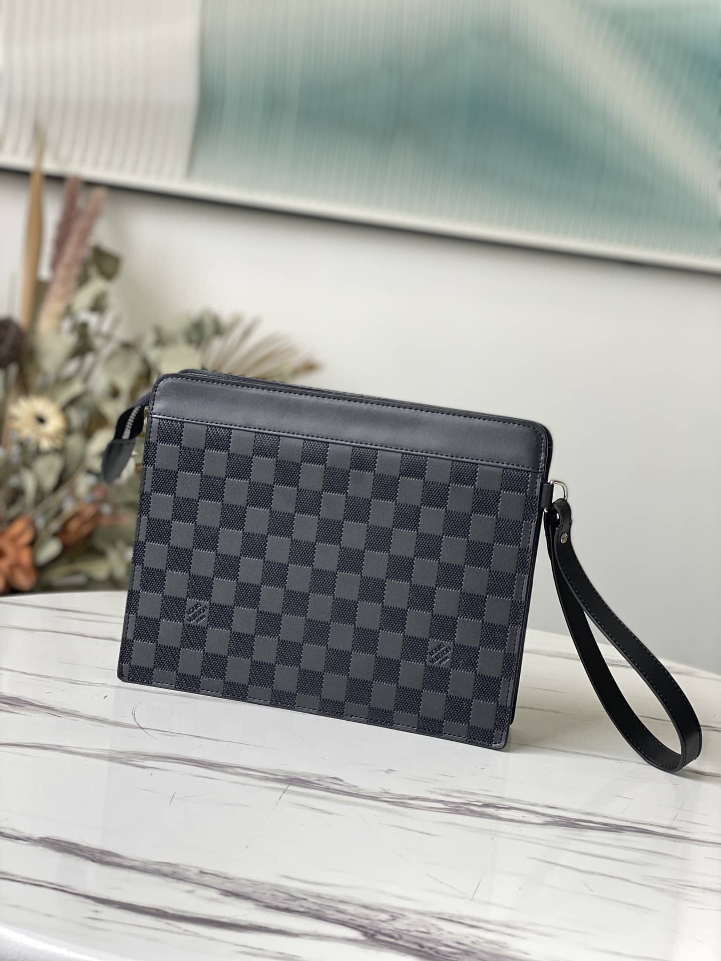 Louis Vuitton Leather Standing Damier Infini 3D Cowhide Pouch Replica Black N60450