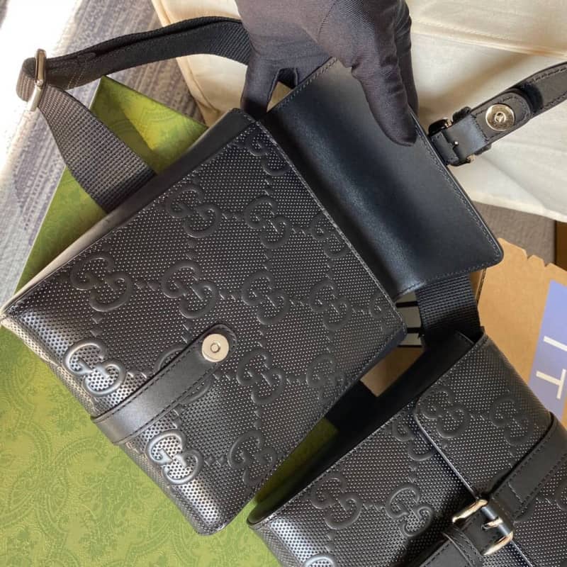 Gucci GG Emboss Waist Body Leather Bag Replica Black 631339