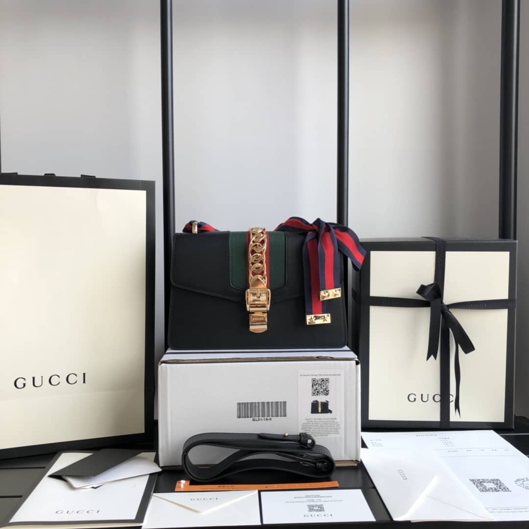 Gucci Sylvie Small Leather Shoulder Bag Replica Black 421882