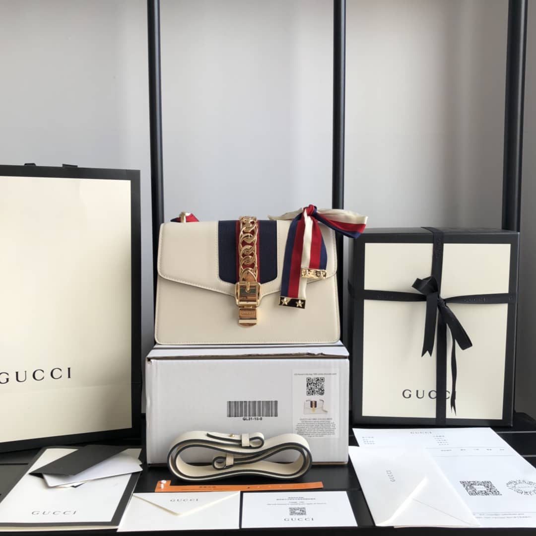 Gucci Sylvie Small Leather Shoulder Bag Replica White 421882
