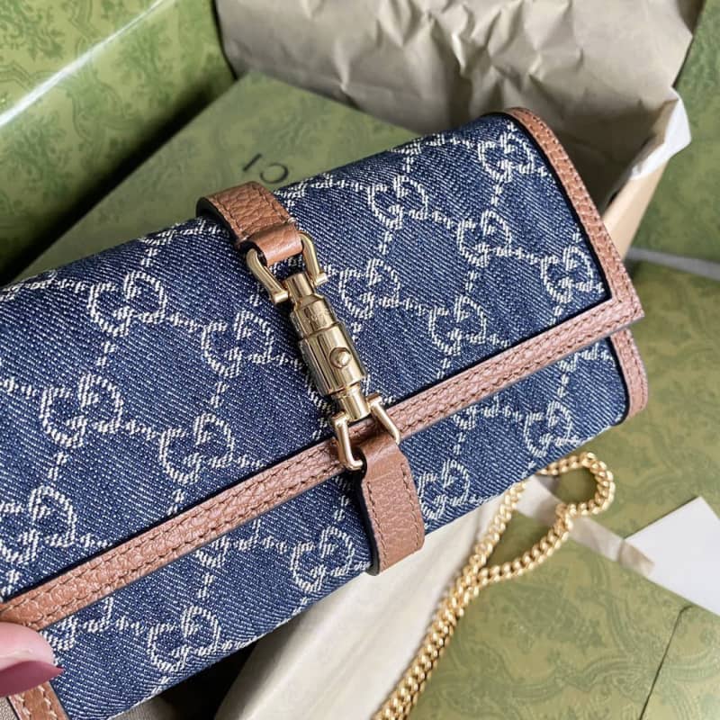 Gucci Jackie 1961 Chain Wallet Organic GG Denim Raplica 652681
