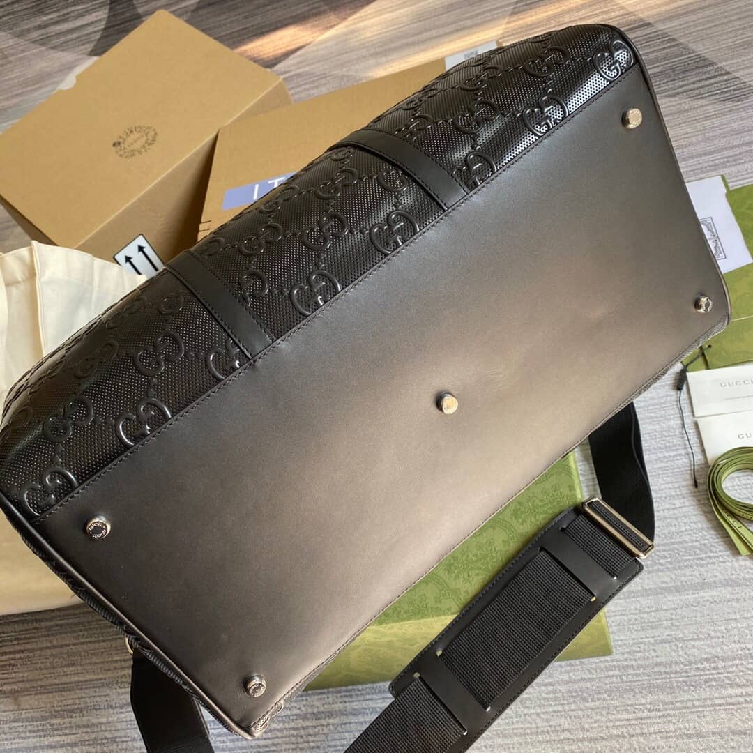 Gucci GG Embossed Perforated Leather Duffle Bag Replica Black 625768