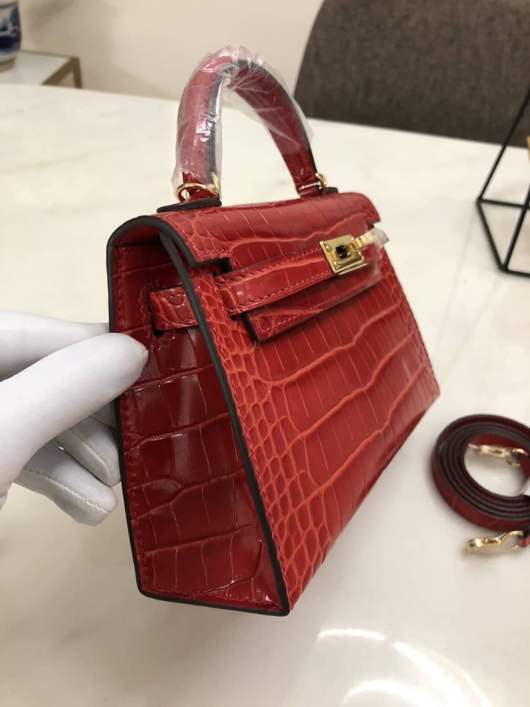 Hermes Kelly Dupe Mini 19CM Crocodile Shiny Replica Bag