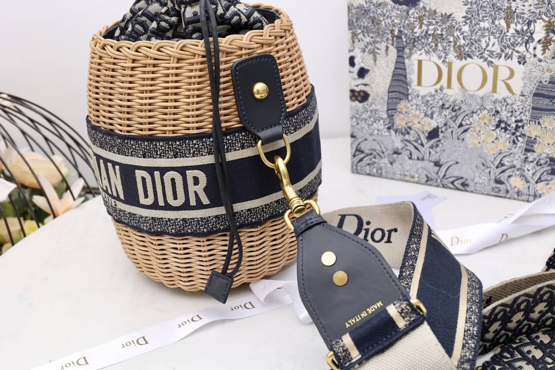 Christian Dior Wicker Bucket Bagblue Oblique
