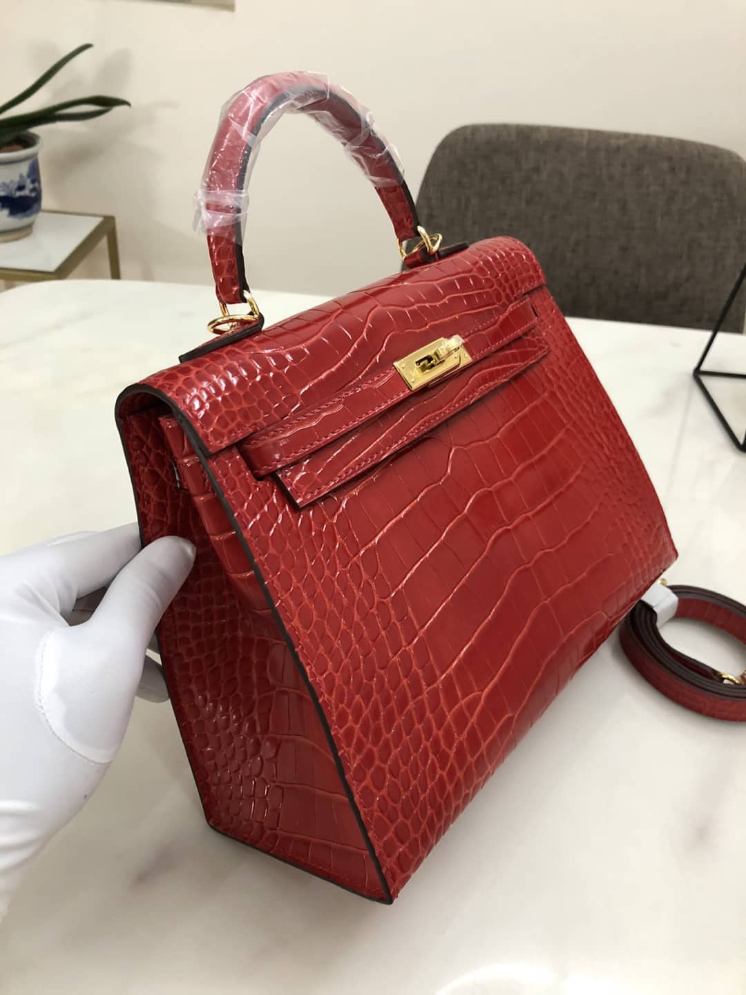 Hermes Kelly Dupe 25CM Crocodile Shiny Replica Bag