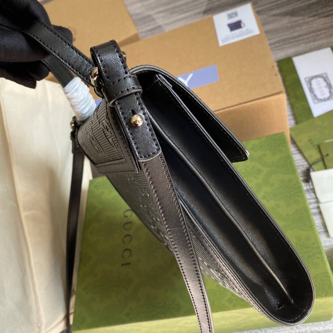 Gucci GG Embossed Leather Shoulder Bag Black 627470