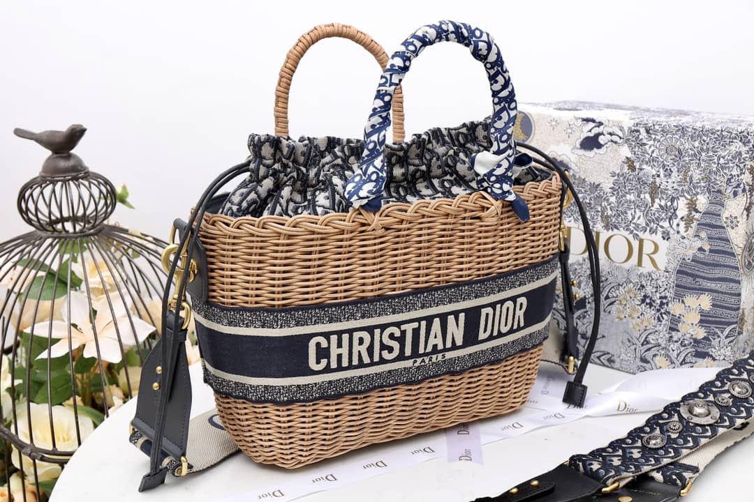 Christian Dior Wicker Bucket Bagblue Oblique