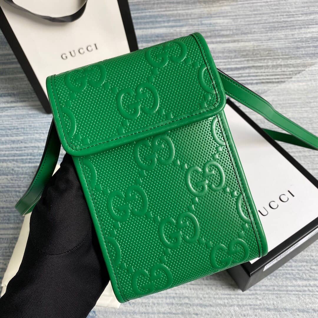 Gucci GG Embossed Leather Mini Messenger Bag Replica Green 625571