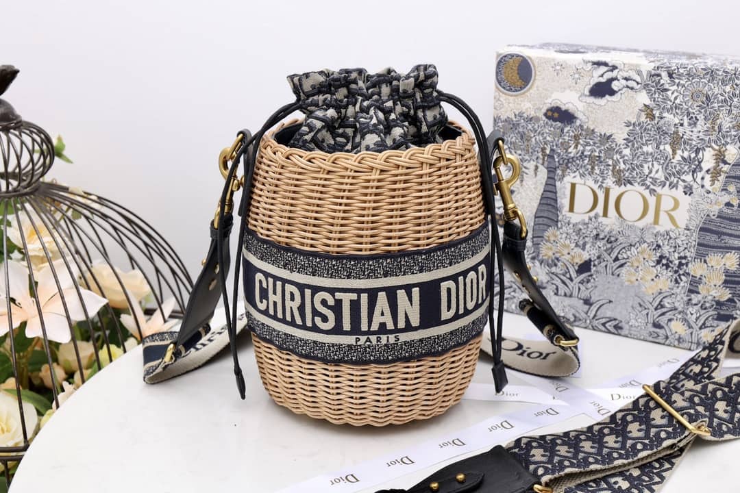 Christian Dior Wicker Bucket Bagblue Oblique