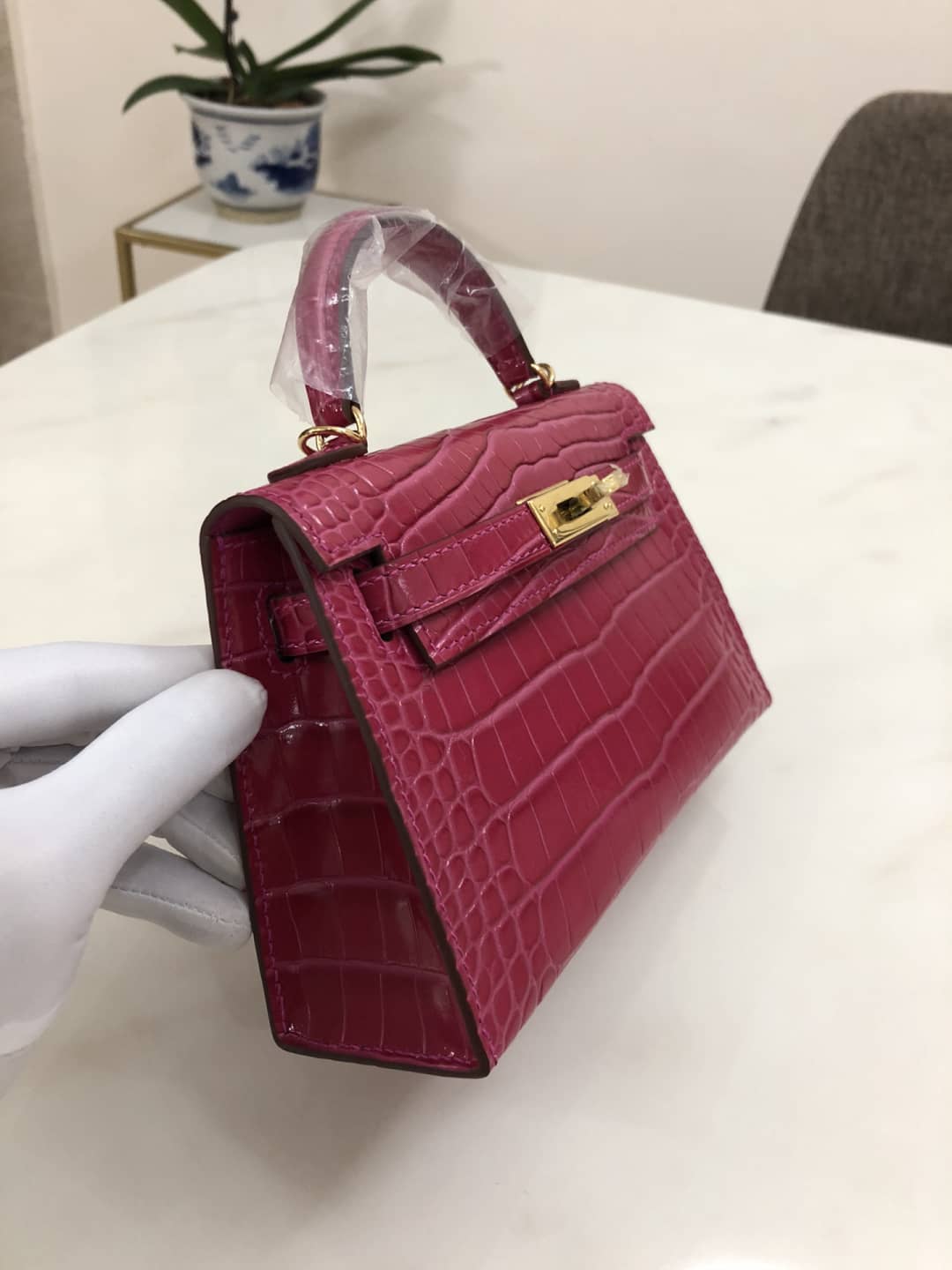 Hermes Kelly Dupe Mini 19CM Crocodile Shiny Replica Bag