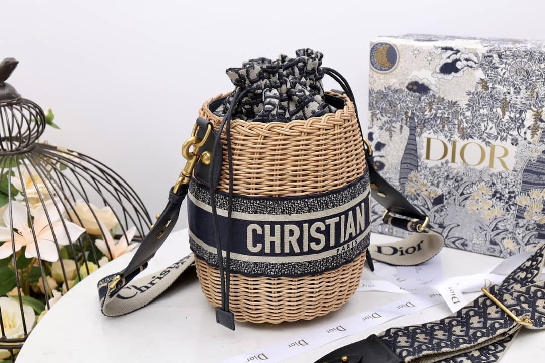 Christian Dior Wicker Bucket Bagblue Oblique