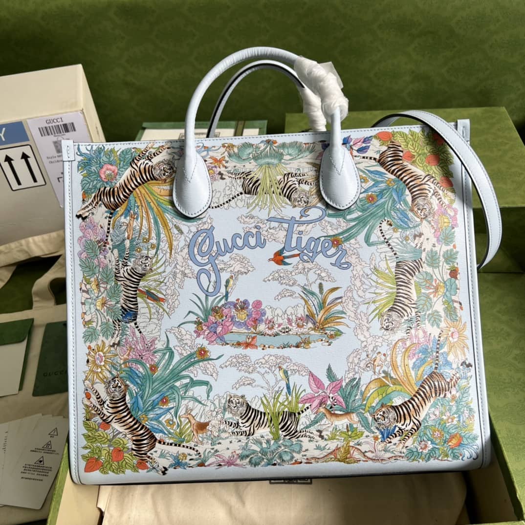 Gucci Tiger Medium Tote Bag Light Blue 687827 Replica