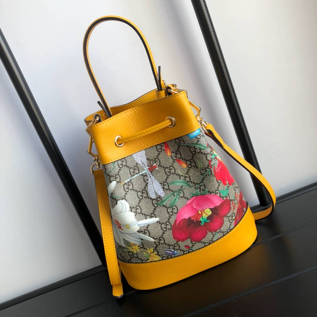 Gucci Ophidia GG Flora Pattern Small Bucket Bag Replica Yellow 550621