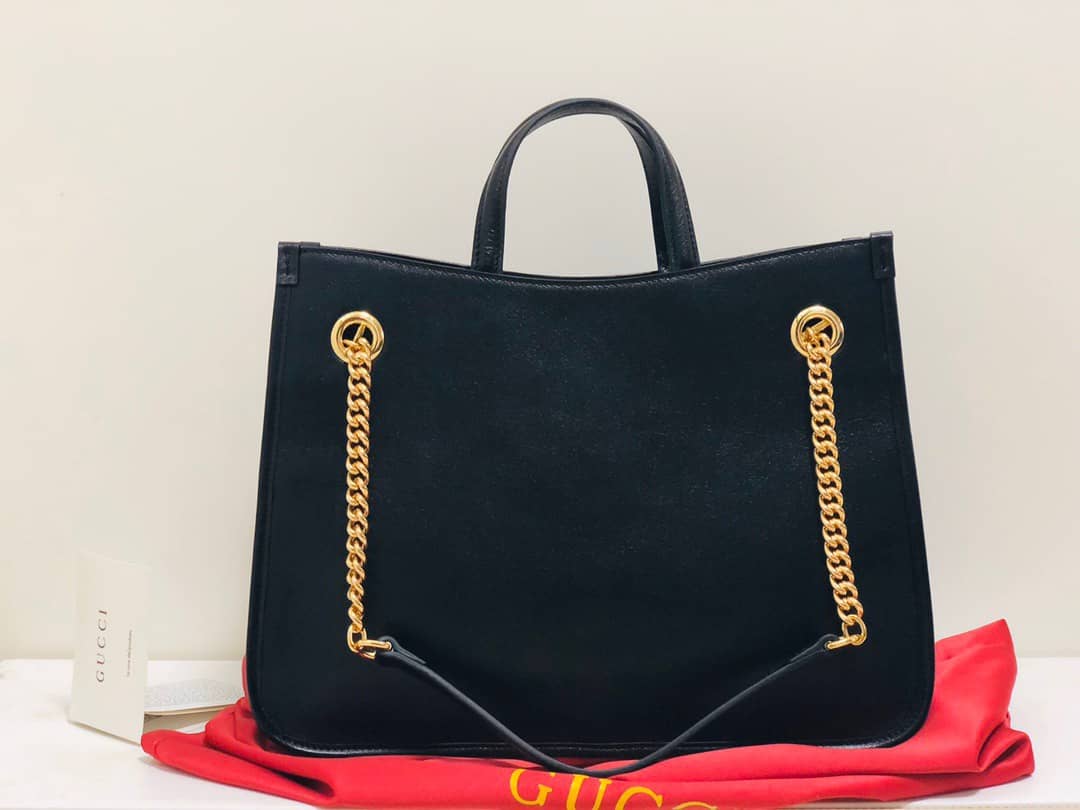 Gucci Horsebit 1955 Leather Tote Replica Black Red 621144