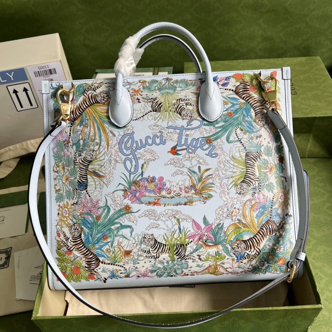 Gucci Tiger Medium Tote Bag Light Blue 687827 Replica