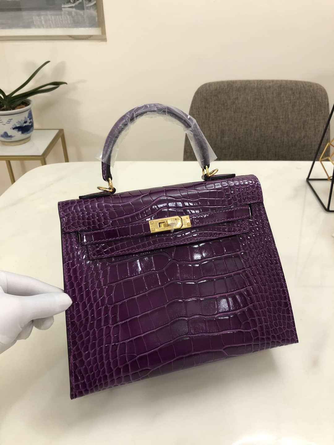 Hermes Kelly Dupe 25CM Crocodile Shiny Replica Bag