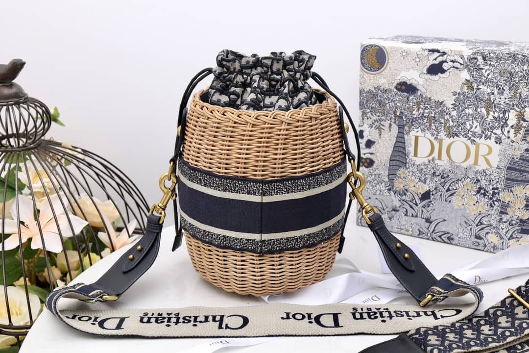 Christian Dior Wicker Bucket Bagblue Oblique