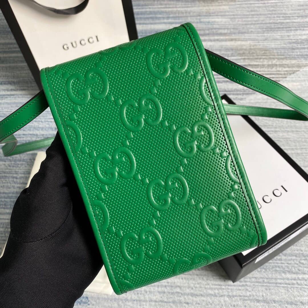 Gucci GG Embossed Leather Mini Messenger Bag Replica Green 625571