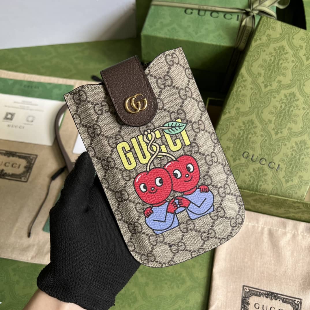 Gucci Cherry Print Phone Case Brown 700732 Replica