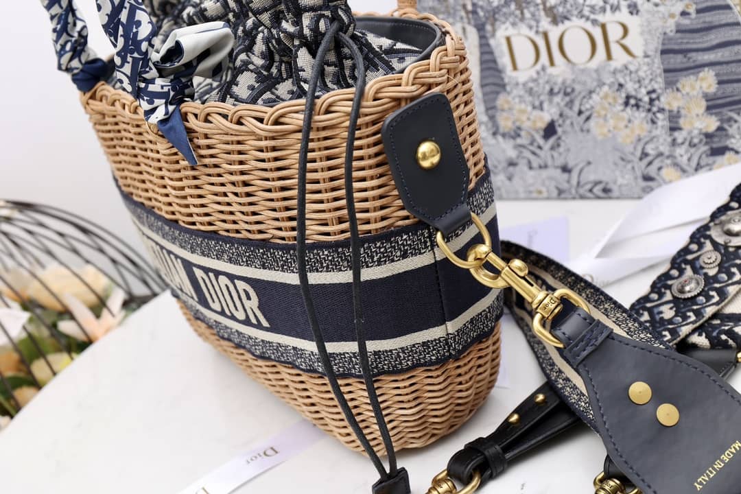 Christian Dior Wicker Bucket Bagblue Oblique