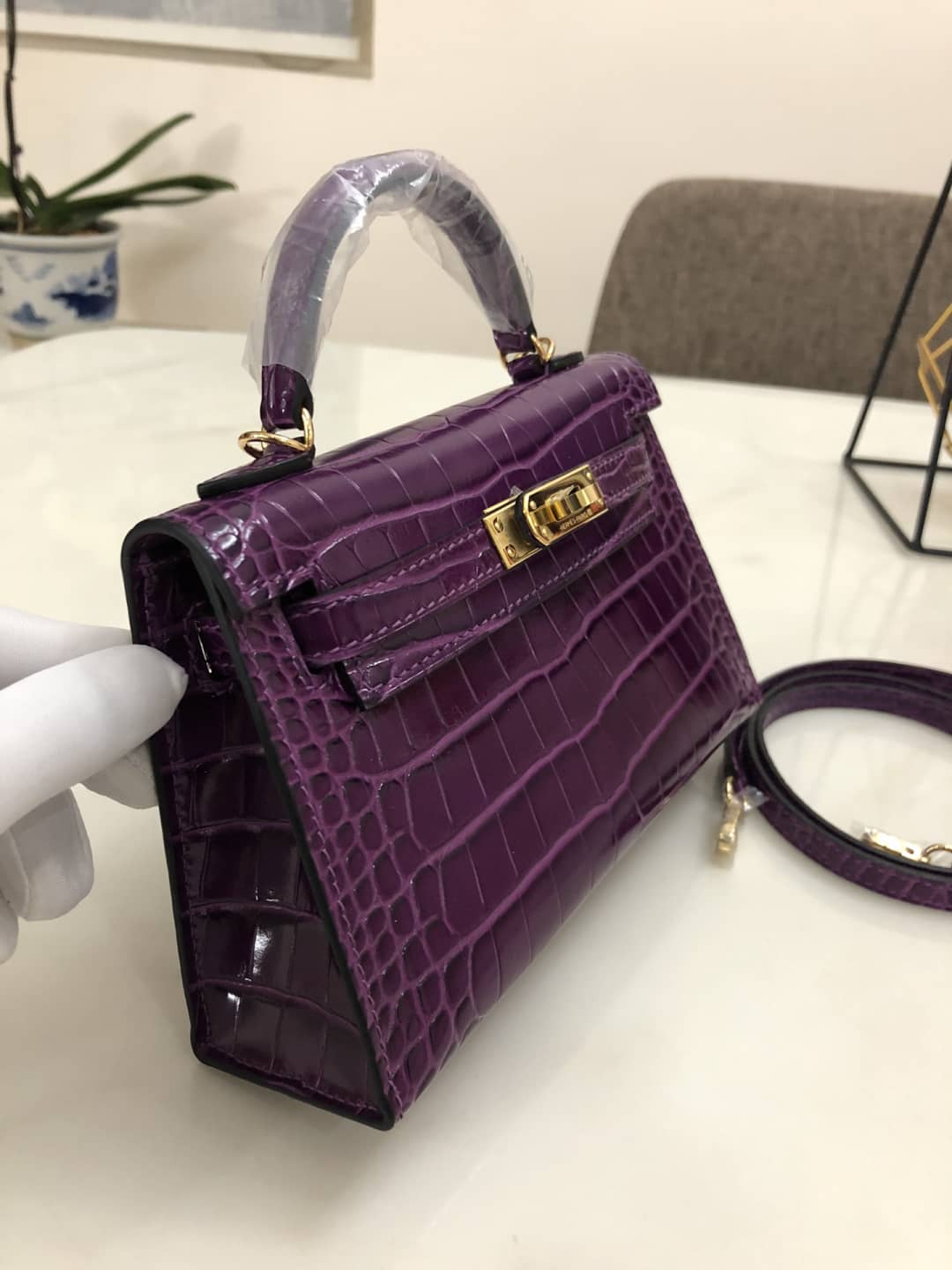 Hermes Kelly Dupe Mini 19CM Crocodile Shiny Replica Bag
