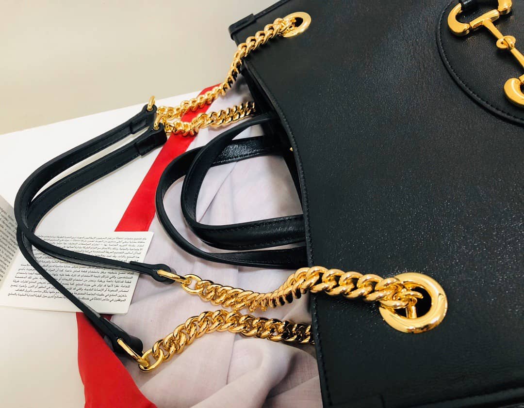 Gucci Horsebit 1955 Leather Tote Replica Black Red 621144