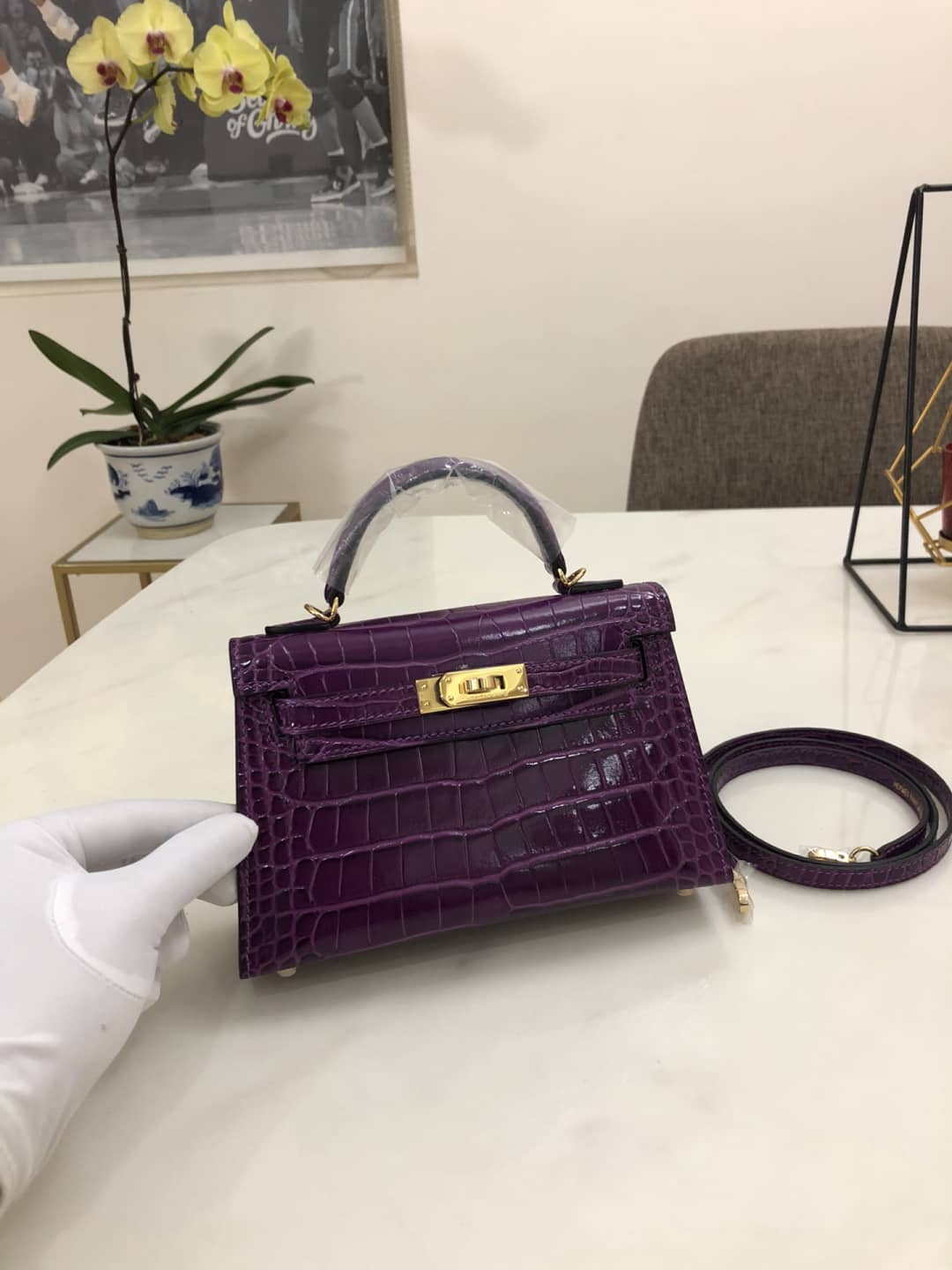 Hermes Kelly Dupe Mini 19CM Crocodile Shiny Replica Bag