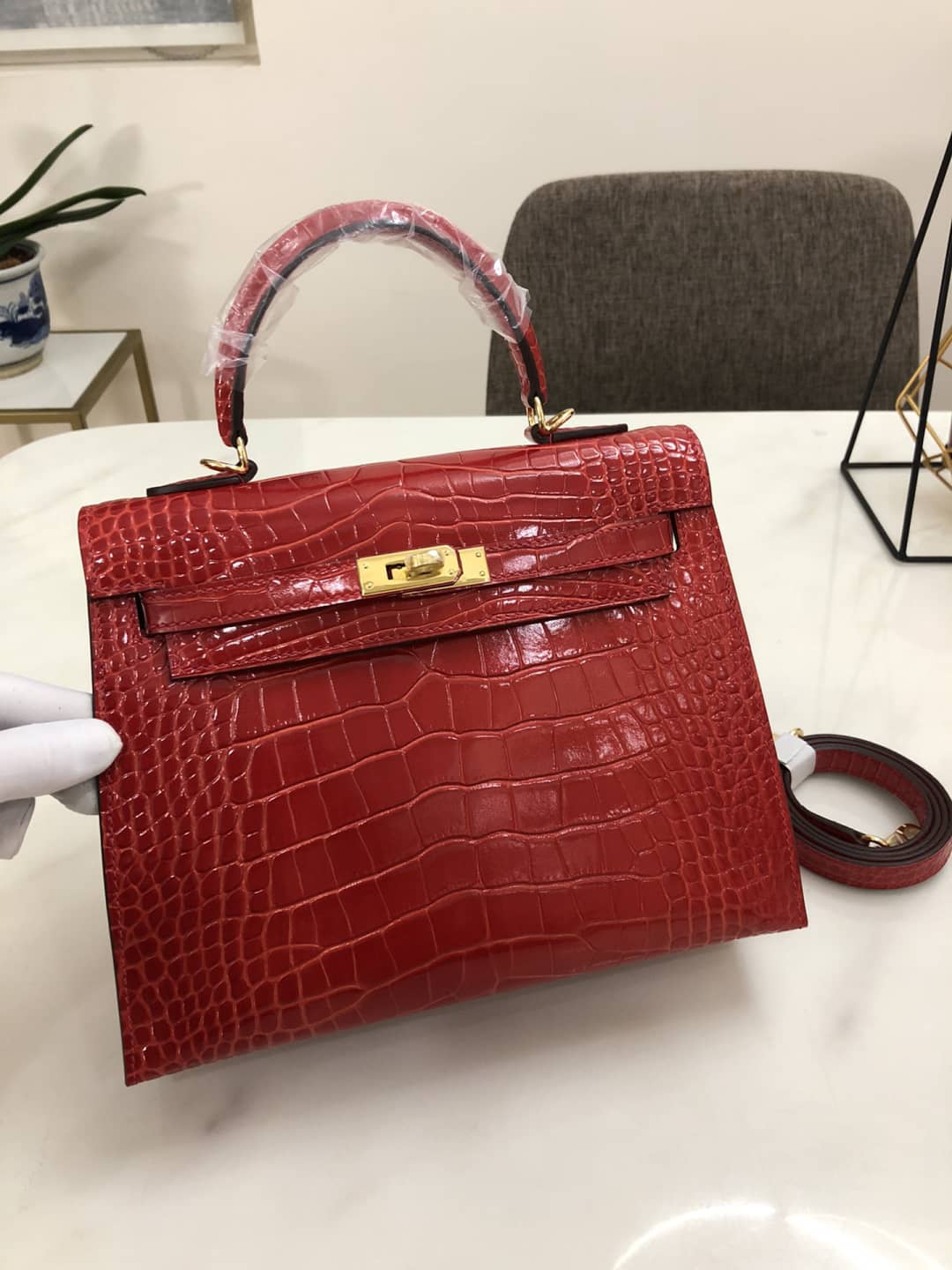 Hermes Kelly Dupe 25CM Crocodile Shiny Replica Bag