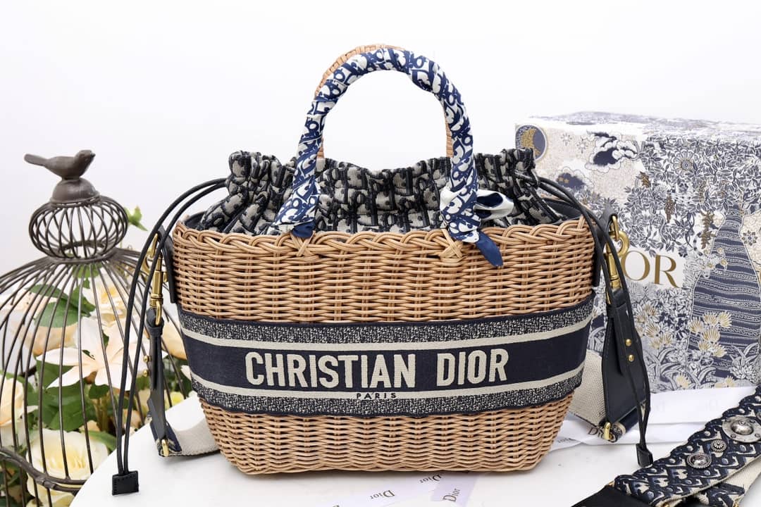 Christian Dior Wicker Bucket Bagblue Oblique
