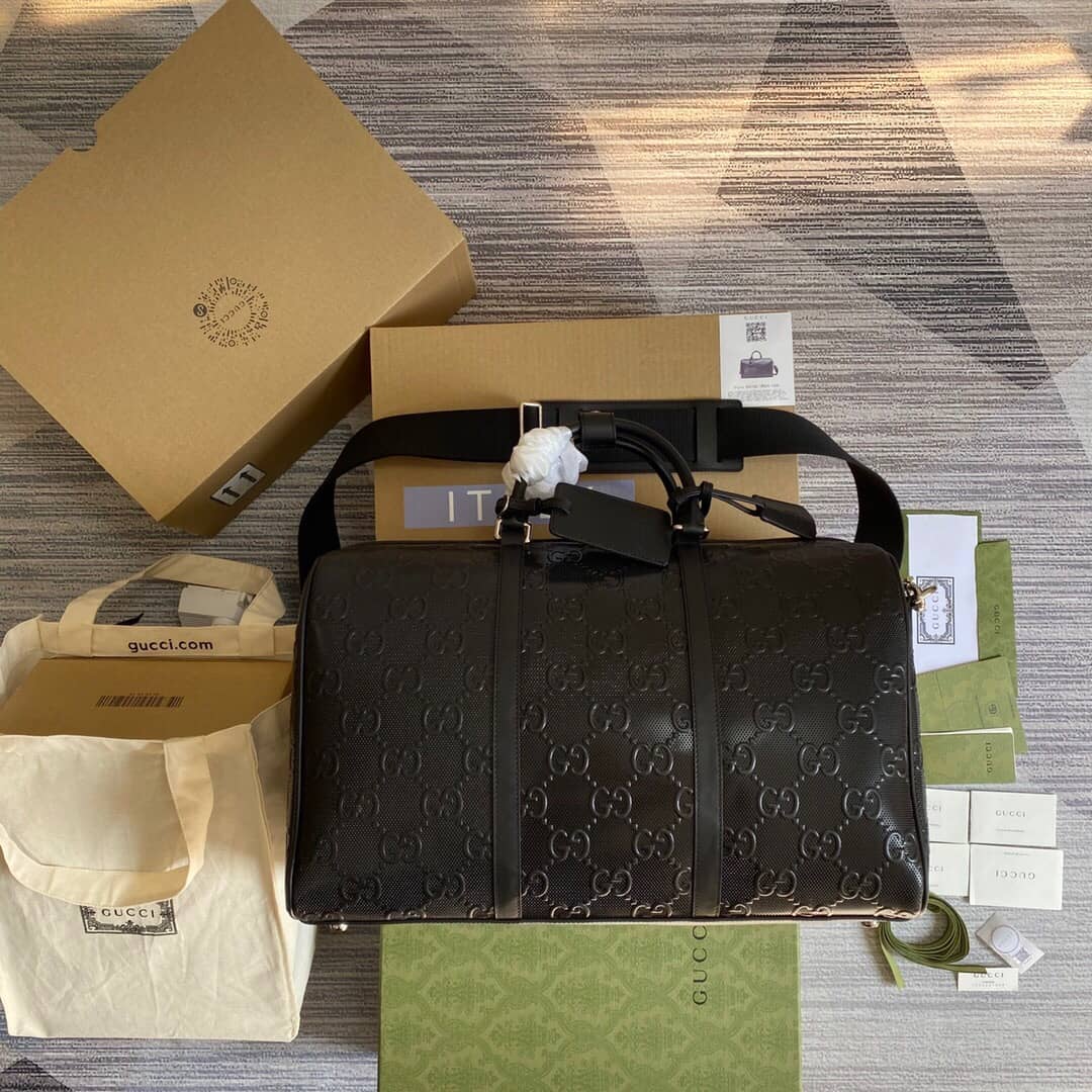 Gucci GG Embossed Perforated Leather Duffle Bag Replica Black 625768
