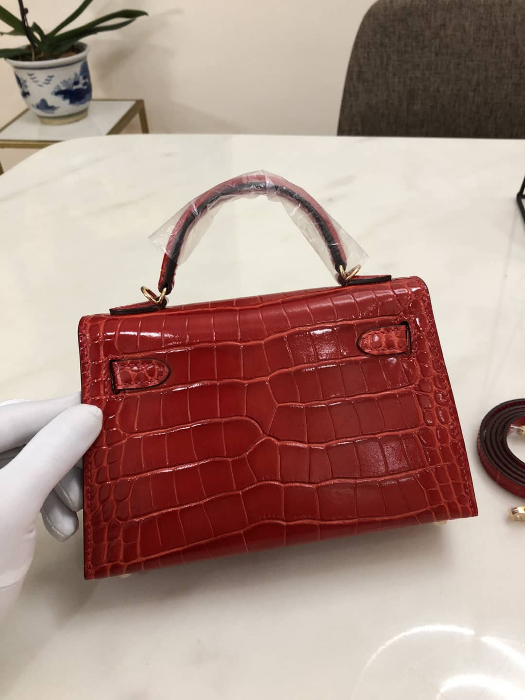 Hermes Kelly Dupe Mini 19CM Crocodile Shiny Replica Bag
