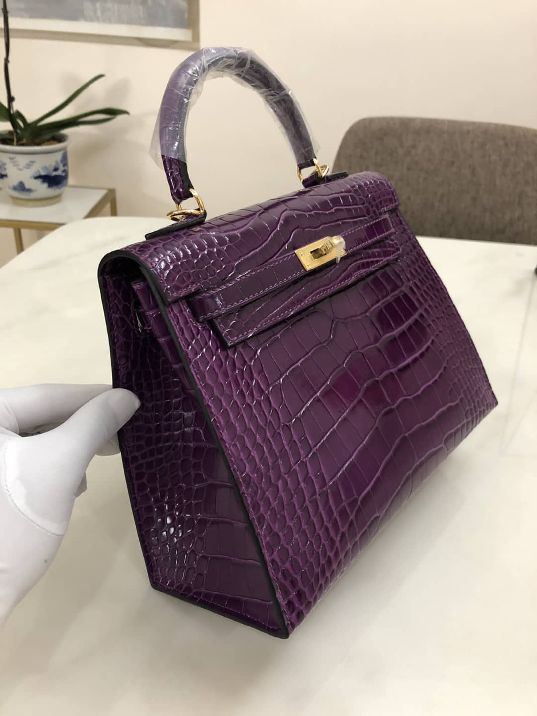 Hermes Kelly Dupe 25CM Crocodile Shiny Replica Bag
