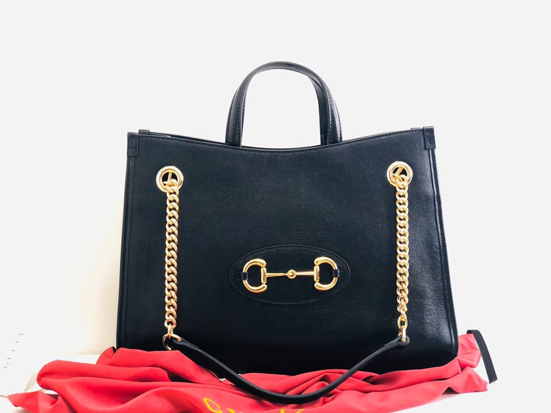 Gucci Horsebit 1955 Leather Tote Replica Black Red 621144
