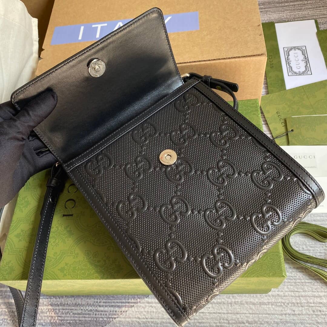 Gucci GG Embossed Leather Shoulder Bag Black 627470
