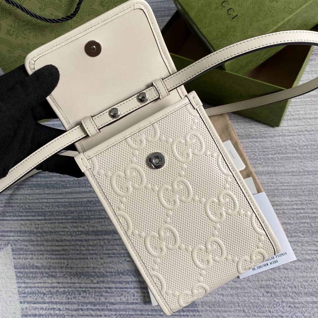 Gucci GG Embossed Leather Mini Messenger Bag Replica White 625571