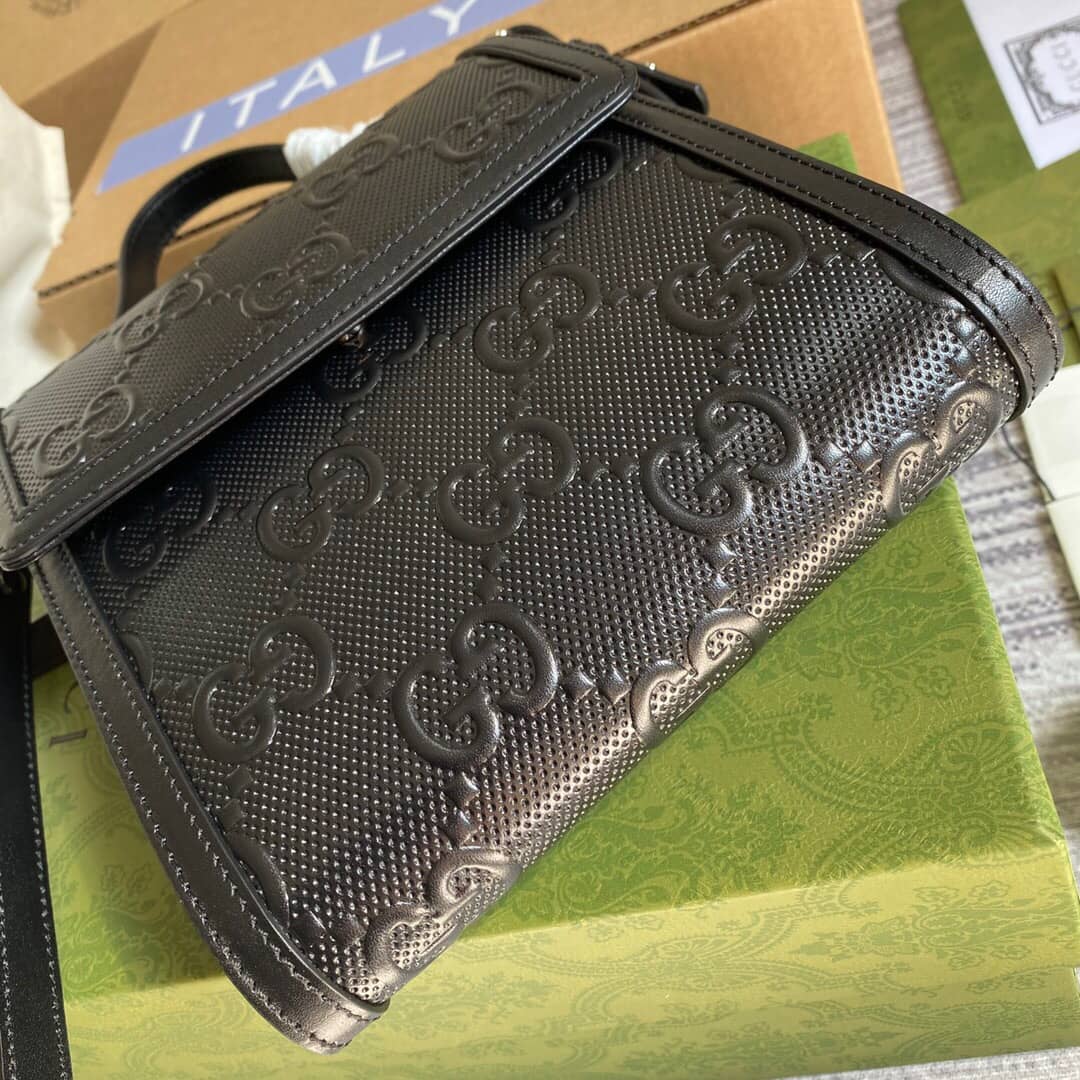 Gucci GG Embossed Leather Shoulder Bag Black 627470