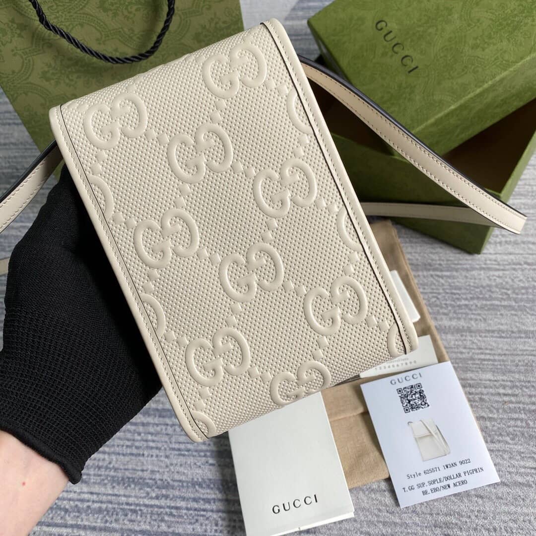 Gucci GG Embossed Leather Mini Messenger Bag Replica White 625571