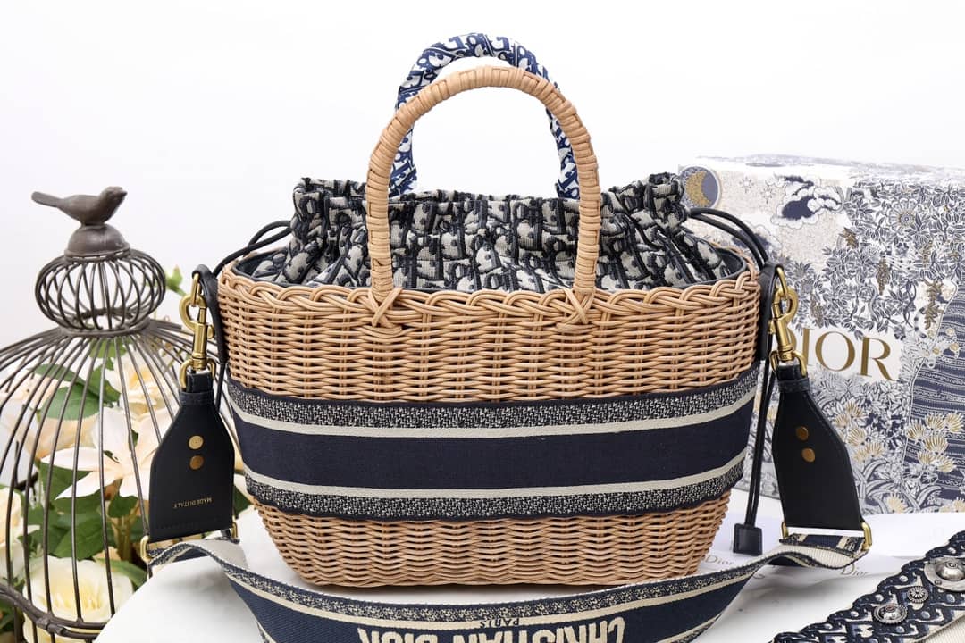 Christian Dior Wicker Bucket Bagblue Oblique