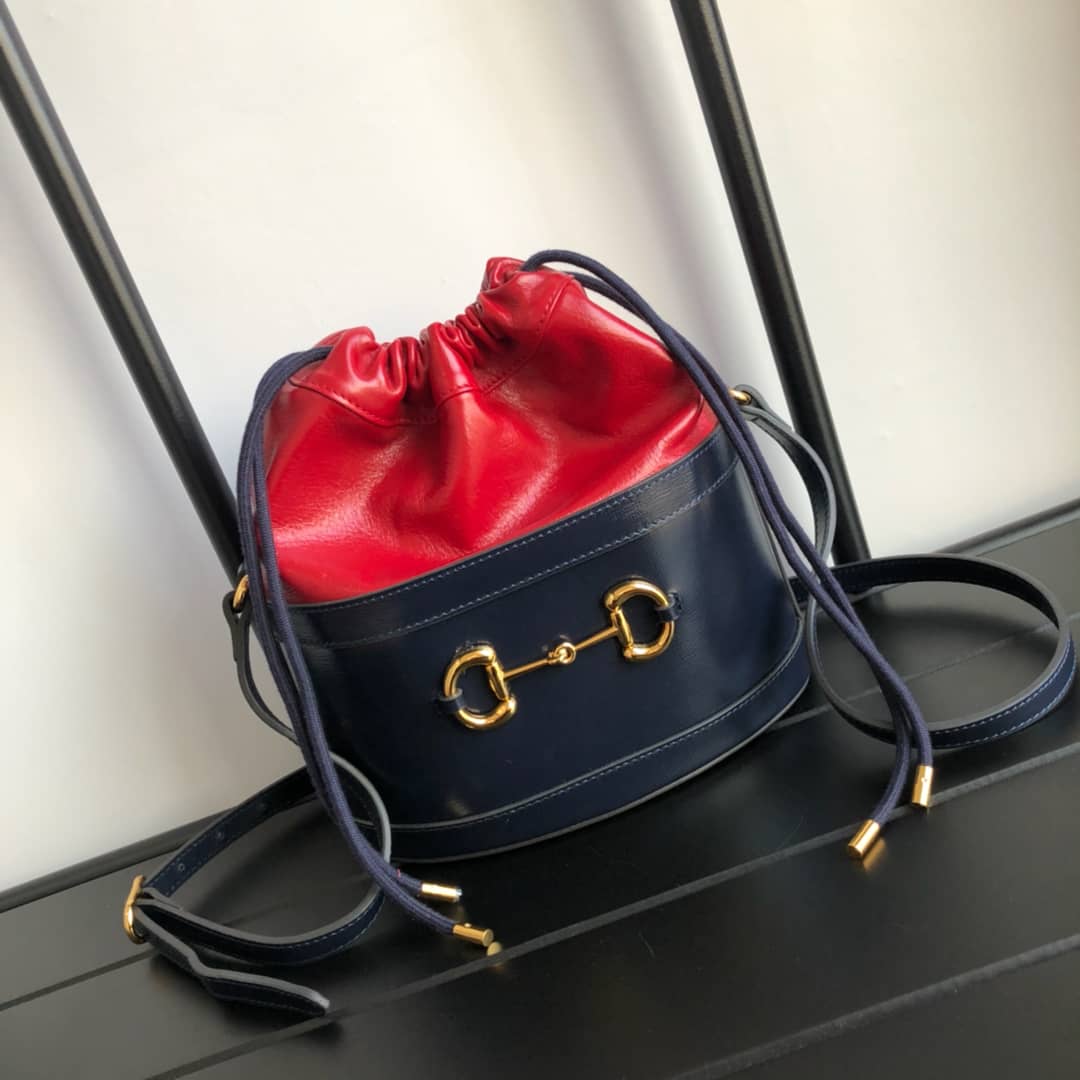 Gucci 1955 Horsebit Bucket Bag Replica Red Blue 602118