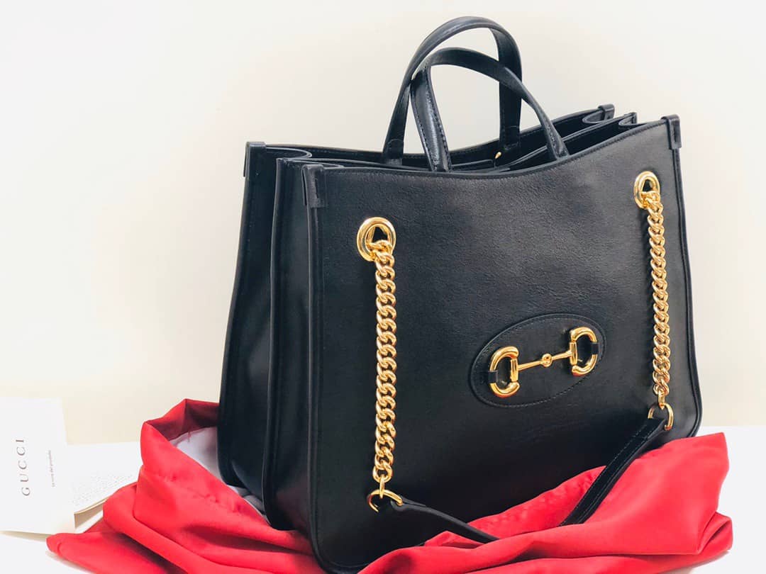 Gucci Horsebit 1955 Leather Tote Replica Black Red 621144